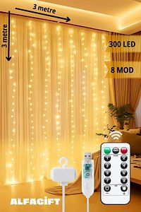 3x3 Metre 8 Fonksiyonlu 300 Ledli Perde Led Işık-uzaktan Kumandalı ürün fotoğrafı