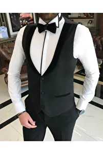 İtalyan kesim slim fit ceket yelek pantolon damatlık set Siyah T4547 ürün fotoğrafı