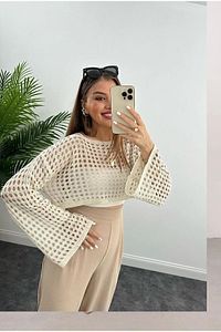 Kadın Krem Depox Crop Bluz Ajurlu Triko Örme ürün fotoğrafı