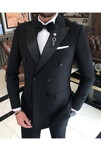 İtalyan Kesim Slim Fit Kruvaze Ceket Pantolon Damatlık Set Siyah T9213 ürün fotoğrafı