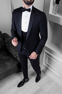 Erkek Slim Fit Damatlık Smokin Şal Yaka Siyah Yelekli Takım Elbise ürün fotoğrafı