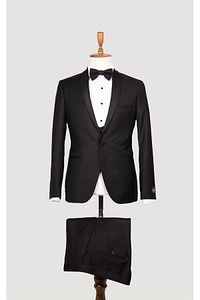 Erkek Slim Fit Damatlık Smokin Şal Yaka Siyah Yelekli Takım Elbise ürün fotoğrafı