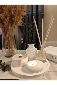 Dekoratif 5li Set Mum Çizgili Vazo Tealight mumluk ve Oda Kokusu Seti ürün fotoğrafı