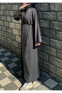 Kurşuni Antrasit Gri Pamuklu Kumaş Yandan Bağlamalı Kimono Kaftan Elbise ürün fotoğrafı