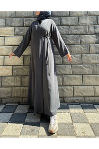 Kurşuni Antrasit Gri Pamuklu Kumaş Yandan Bağlamalı Kimono Kaftan Elbise ürün fotoğrafı