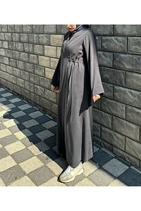 Kurşuni Antrasit Gri Pamuklu Kumaş Yandan Bağlamalı Kimono Kaftan Elbise ürün fotoğrafı