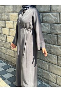 Kurşuni Antrasit Gri Pamuklu Kumaş Yandan Bağlamalı Kimono Kaftan Elbise ürün fotoğrafı