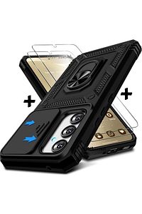 Samsung Galaxy S24 Fe Kılıf Kamera Korumalı Sürgülü Yüzüklü Armor Zırh Kapak + 9H Ekran Koruyucu Cam ürün fotoğrafı
