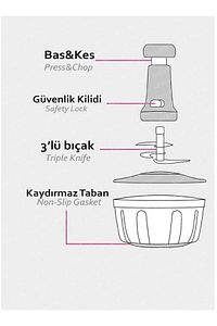 Büyük Boy Paslanmaz Çelik Solingen 3 Bıçaklı Üstten Basmalı El Rondosu Blenderı Sebze Doğrayıcı ürün fotoğrafı