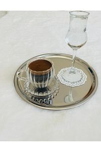 6'lı Paslanmaz Çelik 21.cm Yuvarlak Çay, Kahve, Pasta Servis Tepsisi Dekoratif Sunum Tepsisi ürün fotoğrafı