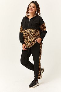 Kadın Büyük Beden Leopar Garnili Siyah Eşofman Takımı ürün fotoğrafı