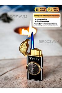 Kişiye Özel Isimli Saatli Kartal Tasarım Çift Alevli Özel Başlıklı Şık Tasarımlı Turbo Gazlı Çakmak ürün fotoğrafı