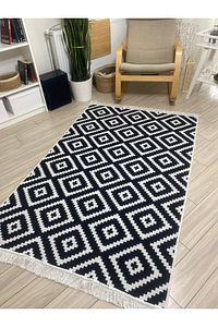 Kilim Çift Taraflı Modern Desenli Yıkanabilir Pamuklu Dokuma 1. Kalite Kilim Siyah Beyaz Yolluk ürün fotoğrafı