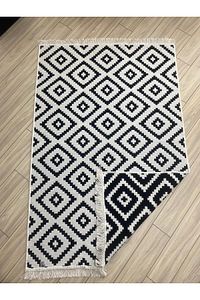 Kilim Çift Taraflı Modern Desenli Yıkanabilir Pamuklu Dokuma 1. Kalite Kilim Siyah Beyaz Yolluk ürün fotoğrafı