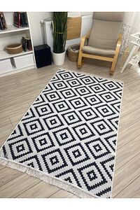 Kilim Çift Taraflı Modern Desenli Yıkanabilir Pamuklu Dokuma 1. Kalite Kilim Siyah Beyaz Yolluk ürün fotoğrafı
