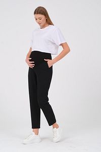 Hamile Esnek Karın Bantlı Belden Ayarlı Mom Fit Klasik Gabardin Pantolon Siyah ürün fotoğrafı