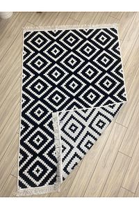 Kilim Çift Taraflı Modern Desenli Yıkanabilir Pamuklu Dokuma 1. Kalite Kilim Siyah Beyaz Yolluk ürün fotoğrafı