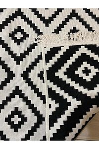 Kilim Çift Taraflı Modern Desenli Yıkanabilir Pamuklu Dokuma 1. Kalite Kilim Siyah Beyaz Yolluk ürün fotoğrafı