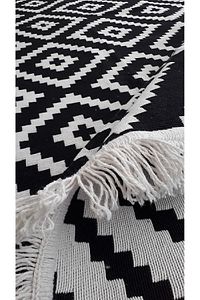 Kilim Çift Taraflı Modern Desenli Yıkanabilir Pamuklu Dokuma 1. Kalite Kilim Siyah Beyaz Yolluk ürün fotoğrafı