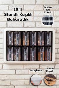 Simple Standlı 12 Li Kendinden Yapışkanlı Kaşıklı Kapaklı Baharatlık Takımı-etiketli Baharatlık- ürün fotoğrafı