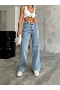 Kadın Açık Mavi Yüksek Bel Geniş Paça Bol,salaş Palazzo Jeans ürün fotoğrafı