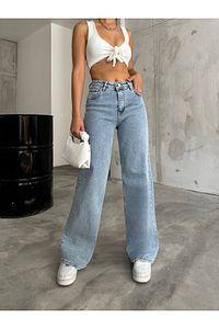 Kadın Açık Mavi Yüksek Bel Geniş Paça Bol,salaş Palazzo Jeans ürün fotoğrafı