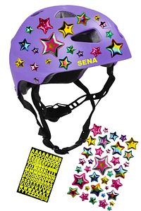 Lila Çocuk Kaskı Spor Yıldızlar ve Harfler Stickerlı Koruyucu Kask Lila Dizlik Dirseklik Seti ürün fotoğrafı