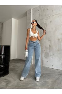 Kadın Açık Mavi Yüksek Bel Geniş Paça Bol,salaş Palazzo Jeans ürün fotoğrafı