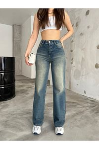 Kadın Soluk Efekt Vintage Yüksek Bel Wide Leg Jeans ürün fotoğrafı