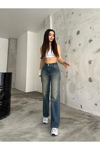 Kadın Soluk Efekt Vintage Yüksek Bel Wide Leg Jeans ürün fotoğrafı