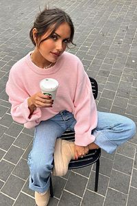Pembe Bisiklet Yaka Oversize Triko Kazak Mg1972 ürün fotoğrafı