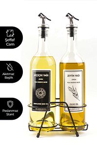 Şeffaf 750 Ml Siyah Beyaz Etiketli Siyah Standlı Akıtıcılı Yağlık Yağdanlık ürün fotoğrafı