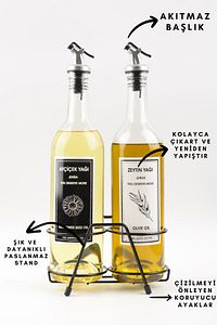 Şeffaf 750 Ml Siyah Beyaz Etiketli Siyah Standlı Akıtıcılı Yağlık Yağdanlık ürün fotoğrafı