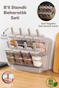 1123 8li Etiketli Asmalı Kendinden Yapışkanlı Tezgah Üstü Standlı Döner Kapaklı Baharatlık Seti ürün fotoğrafı