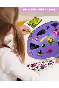 Lila Çocuk Kaskı Spor Yıldızlar ve Harfler Stickerlı Koruyucu Kask Lila Dizlik Dirseklik Seti ürün fotoğrafı