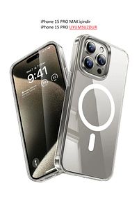 İphone 15 Pro Max Uyumlu Kılıf Magsafe Wireless Kablosuz Şarj Destekli Sert Şeffaf Darbe Emici Kapak ürün fotoğrafı