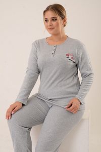 Kadın Düğmeli Nakış Detaylı Gri Büyük Beden Pijama Takımı Pmtk25340 ürün fotoğrafı