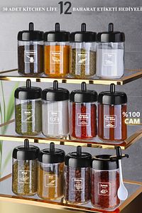 12'li Kapağı Kendinden Kaşıklı Ve Etiketli Baharatlık Seti 300 ml Cam Baharat Takımı ürün fotoğrafı