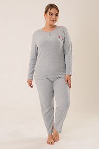 Kadın Düğmeli Nakış Detaylı Gri Büyük Beden Pijama Takımı Pmtk25340 ürün fotoğrafı