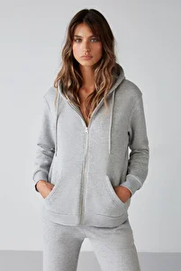 Carlota Kadın Yumuşacık Içi Polarlı 3 Iplik Relaxed Kapüşonlu Fermuarlı Grimelanj Sweatshirt ürün fotoğrafı