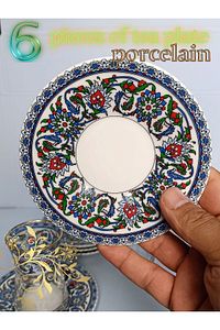 Heybeli Altın Bitkisel Desenli Çini Motifli Porselen Tabak, Cam Bardak 6 Kişilik Çay Seti ürün fotoğrafı