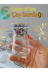 Heybeli Altın Bitkisel Desenli Çini Motifli Porselen Tabak, Cam Bardak 6 Kişilik Çay Seti ürün fotoğrafı