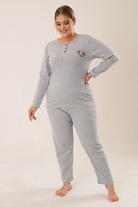 Kadın Düğmeli Nakış Detaylı Gri Büyük Beden Pijama Takımı Pmtk25340 ürün fotoğrafı