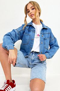 Kadın Mavi Crop Denim Ceket ürün fotoğrafı