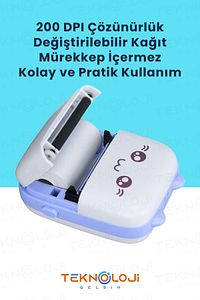 Mini Cep Yazıcı Taşınabilir Bluetooth Kablosuz Şarjlı 6 Rulo 3 Kalem Seti Hediye Mavi Yazıcı ürün fotoğrafı
