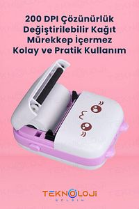 Mini Cep Yazıcı Taşınabilir Bluetooth Kablosuz Şarjlı 6 Rulo 3 Kalem Seti Hediye Pembe Yazıcı ürün fotoğrafı