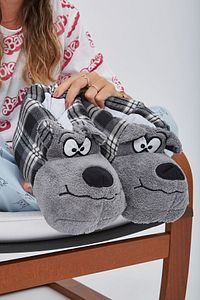 Gri Siyah Ekoseli Hayvanlı Sessiz Taban Panduf Sevimli Köpek Figürlü Peluş Ev Ayakkabısı ürün fotoğrafı
