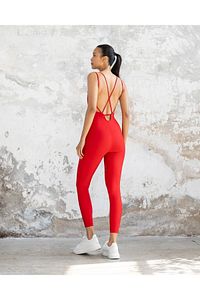 Kadın Kırmızı Sırt Dekolteli Çapraz Bant Askılı Dar Kesim Toparlayıcı Yoga Pilates Tayt Spor Tulum ürün fotoğrafı