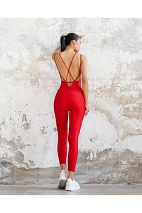 Kadın Kırmızı Sırt Dekolteli Çapraz Bant Askılı Dar Kesim Toparlayıcı Yoga Pilates Tayt Spor Tulum ürün fotoğrafı