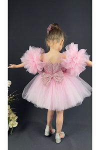 Şifon Robalı Ponpon Kol Pul Payetli Kız Çocuk Kabarık Etek Tütülü Abiye Pembe ürün fotoğrafı